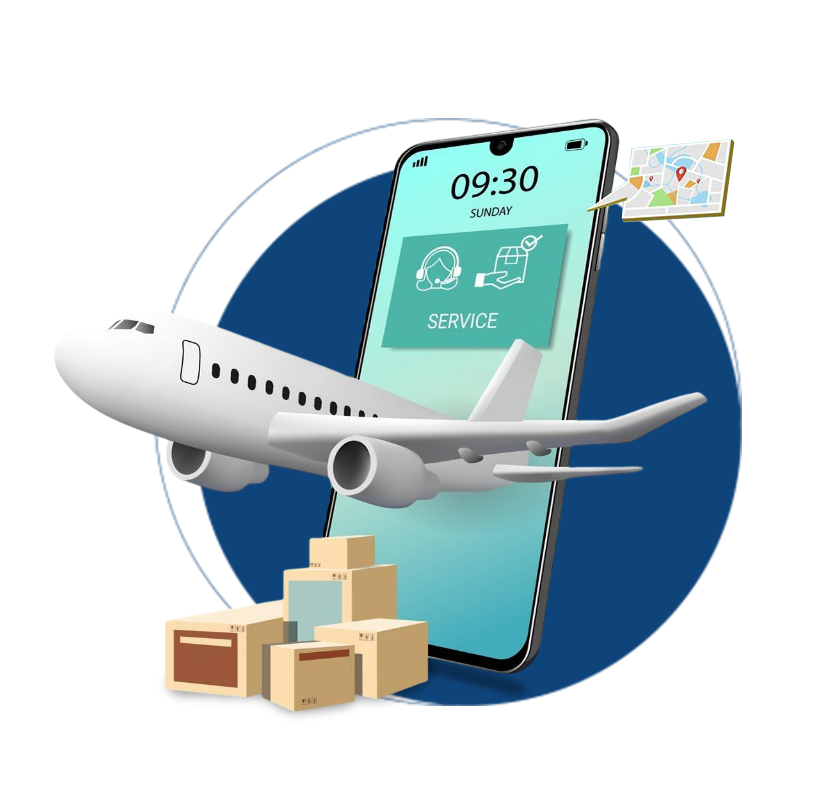 Ilustrasi pesawat cargo kirim paket tracking HP real-time